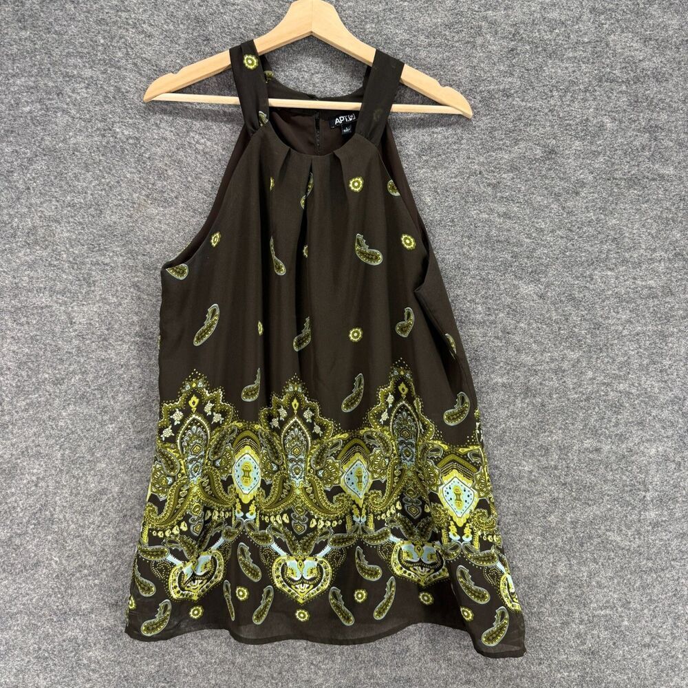 Apt. 9 Blouse Women L Large Brown Paisley Sleeveless Wide Strap Hook & Eye